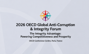 Banner of the 2026 OECD Global Anti-Corruption & Integrity Forum in Paris with SPP Development Ukraine and NV Business branding